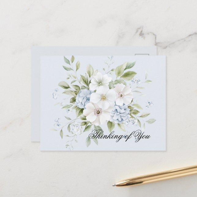 Pale Sky Blue White Floral Postcard (Front/Back In Situ)