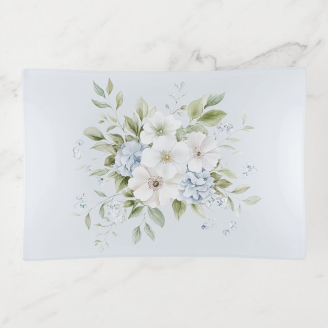 Pale Sky Blue White Floral Trinket Tray (Front)