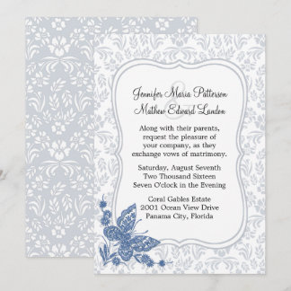 Pale Slate Blue Floral Damask Wedding Invitation