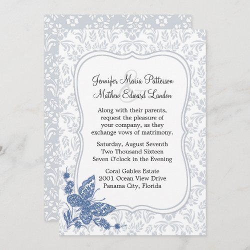 Pale Slate Blue Floral Damask Wedding Invitation