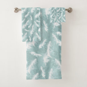 Pale soft pastel shades of sage green & feathers bath towel set