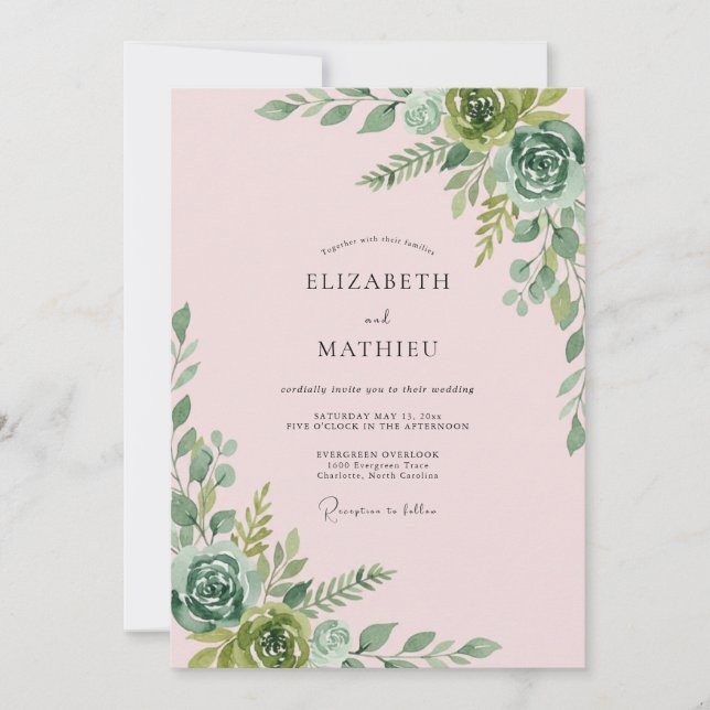 Pale Soft Pink Succulent Eucalyptus Wedding Invitation (Front)