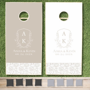 Pale Taupe Chinoiserie Peonies Monogram Wedding Cornhole Set