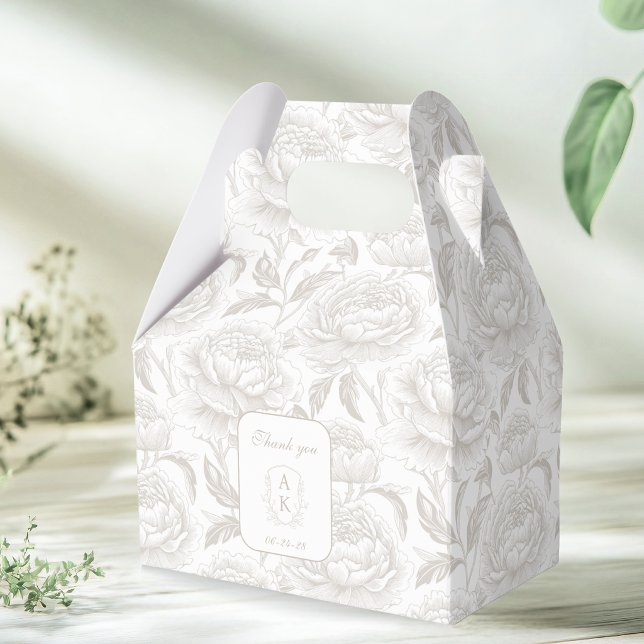 Pale Taupe Monogram Crest Chinoiserie Peonies Favor Boxes (Creator Uploaded)