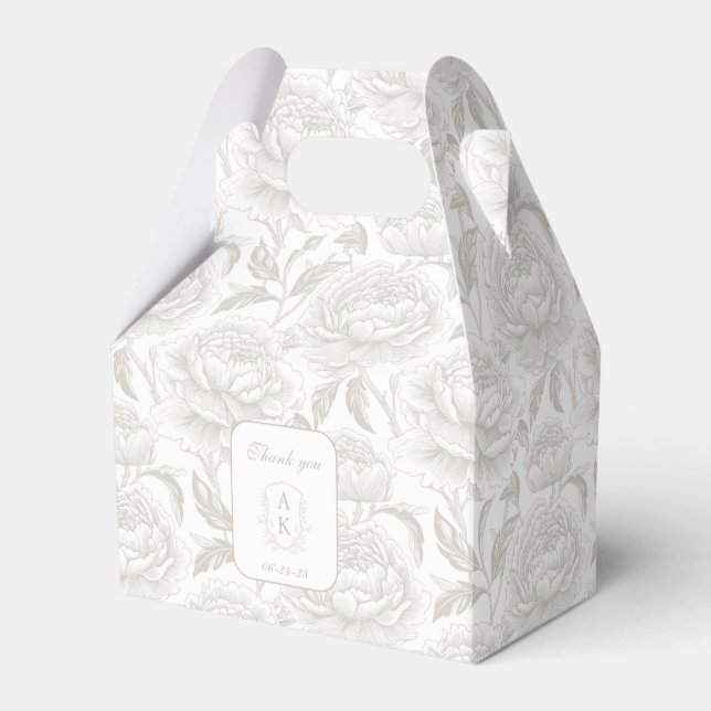 Pale Taupe Monogram Crest Chinoiserie Peonies Favor Boxes (Front Side)