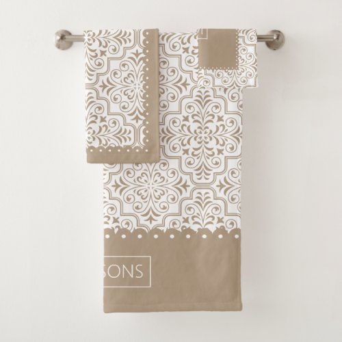 Pale taupe white damask pattern scalloped borders bath towel set