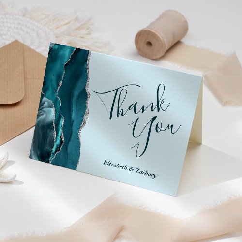 Pale Teal Agate Silver Wedding Thank You Card