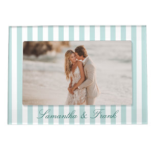 Pale Teal and White Stripe Wedding Magnetic Frame