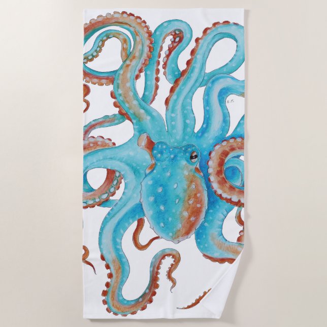 Pale Teal Blue Octopus Watercolor Beach Towel (Front)