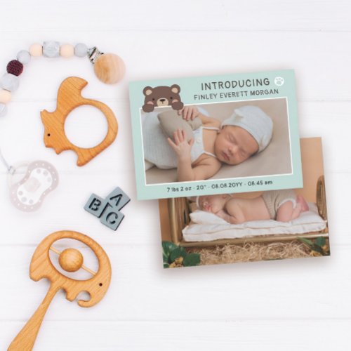 Pale Teal Cute Bear Introducing Baby Announcement