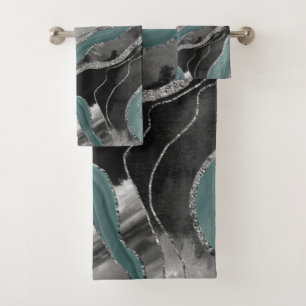 Pale Teal Gray Marble Agate Silver Glitter Glam #1 Bath Towel Set