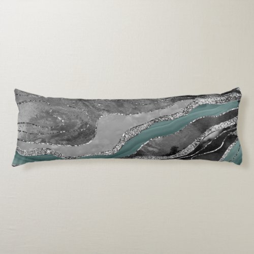 Pale Teal Gray Marble Agate Silver Glitter Glam 1 Body Pillow