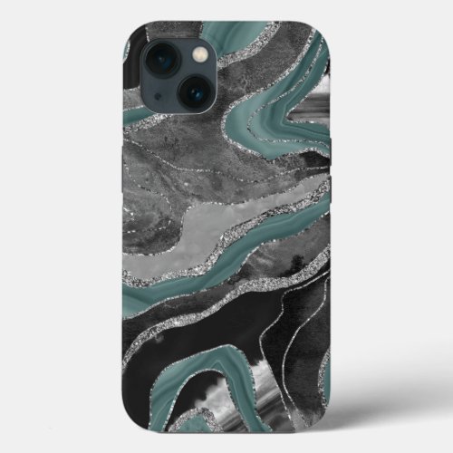 Pale Teal Gray Marble Agate Silver Glitter Glam 1 iPhone 13 Case