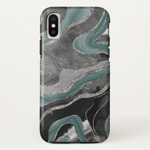 Pale Teal Gray Marble Agate Silver Glitter Glam 1 iPhone X Case