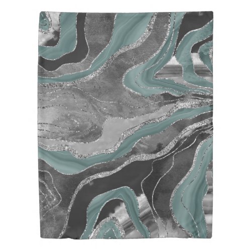 Pale Teal Gray Marble Agate Silver Glitter Glam 1 Duvet Cover
