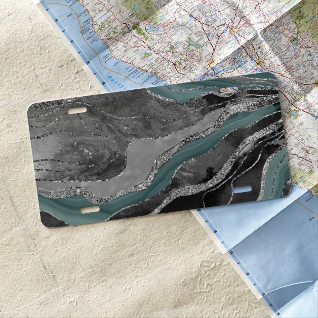 Pale Teal Gray Marble Agate Silver Glitter Glam #1 License Plate (In Situ)