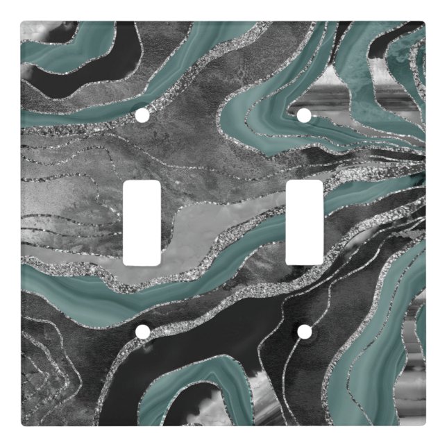 Pale Teal Gray Marble Agate Silver Glitter Glam #1 Light Switch Cover (Front)