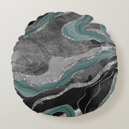 Pale Teal Gray Marble Agate Silver Glitter Glam 1 Round Pillow