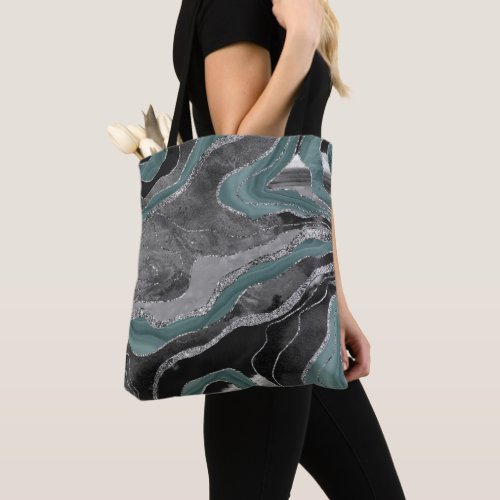 Pale Teal Gray Marble Agate Silver Glitter Glam 1 Tote Bag