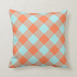 Pale Turquoise Coral Gingham Throw Pillow