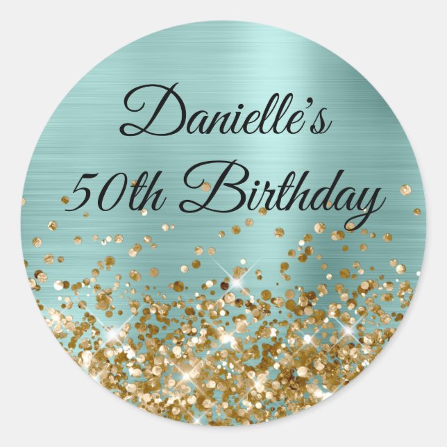 Pale Turquoise Foil Gold Glitter 50th Birthday Classic Round Sticker (Front)