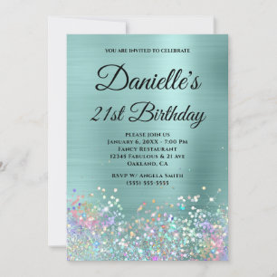Pale Turquoise Foil Holo Glitter Fancy Monogram Invitation