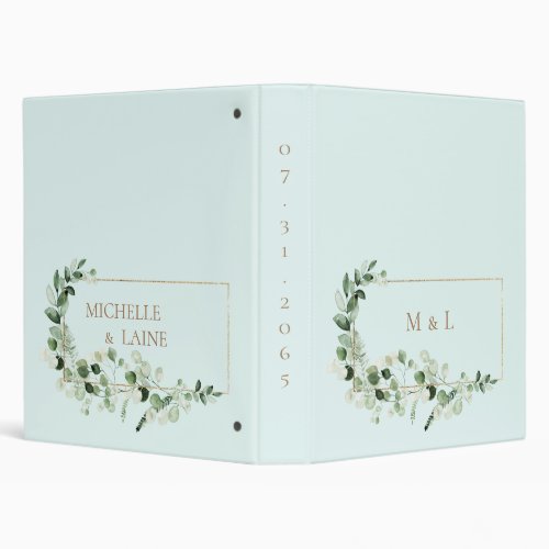 Pale Turquoise Foliage Wedding Names and Monogram 3 Ring Binder