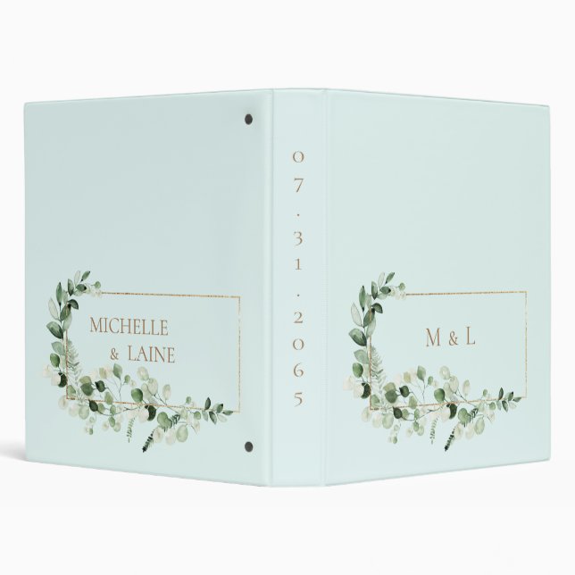 Pale Turquoise Foliage Wedding Names and Monogram 3 Ring Binder (Background)