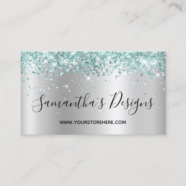 Pale Turquoise Glitter Light Silver Ombre Business Card (Front)