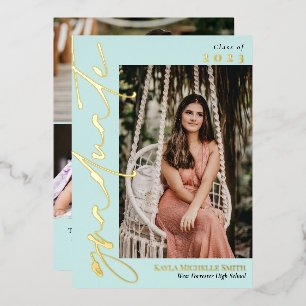 Pale Turquoise Gold Calligraphy Photo Graduation Foil Invitation