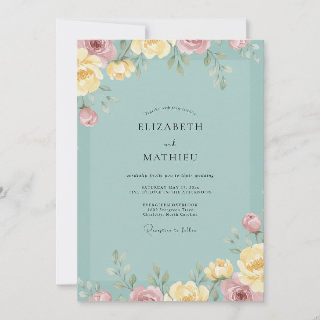 Pale Turquoise Peony Wedding Invitation (Front)