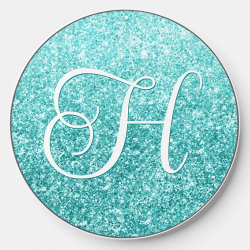 Pale Turquoise Teal Glitter Gradient Monogram Wireless Charger