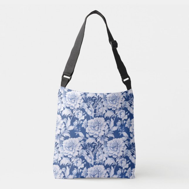 Pale white/blue repeat rose pattern  crossbody bag (Front)