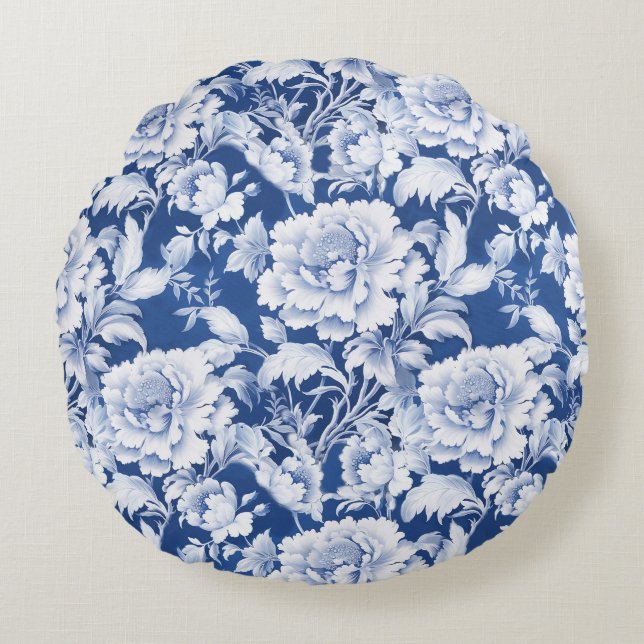 Pale white/blue repeat rose pattern  round pillow (Front)