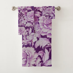 Pale White/Violet repeat rose pattern Bath Towel Set