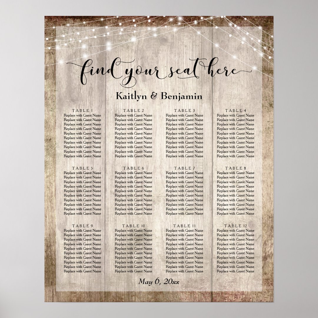 Pale Wood & Lights Wedding Reception Seating Chart | Zazzle