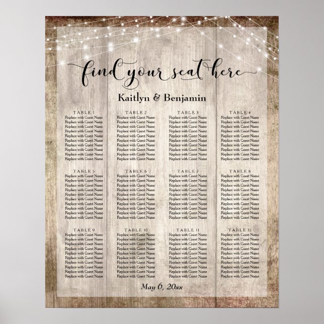 Pale Wood & Lights Wedding Reception Seating Chart (Front)