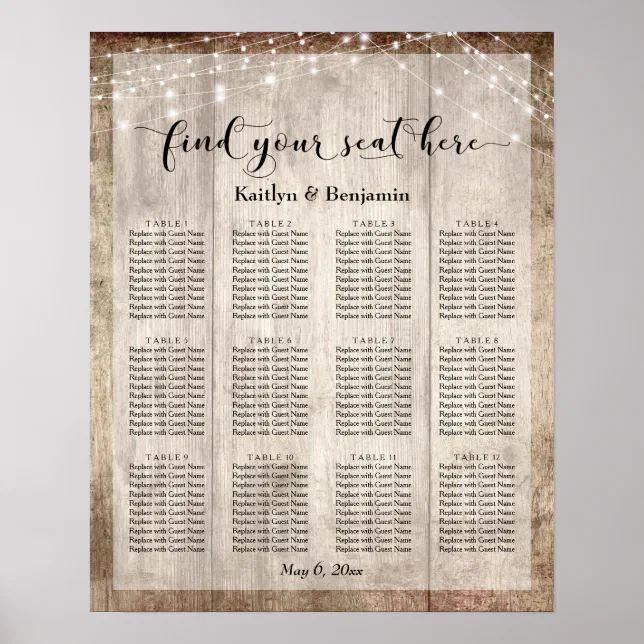 Pale Wood & Lights Wedding Reception Seating Chart 