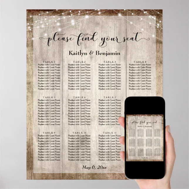 Pale Wood & Lights Wedding Reception Seating Chart | Zazzle