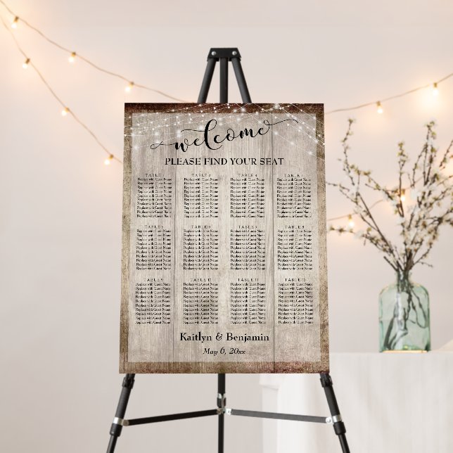 Pale Wood, Lights Welcome Typography Seating Chart Foam Board (In Situ (Stand))