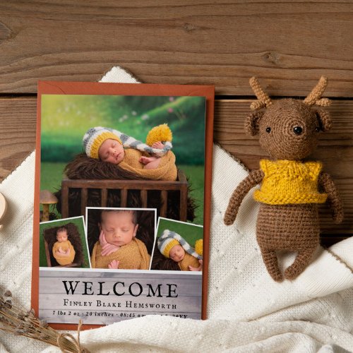 Pale Wood New Baby Photo Collage Welcome Announcement