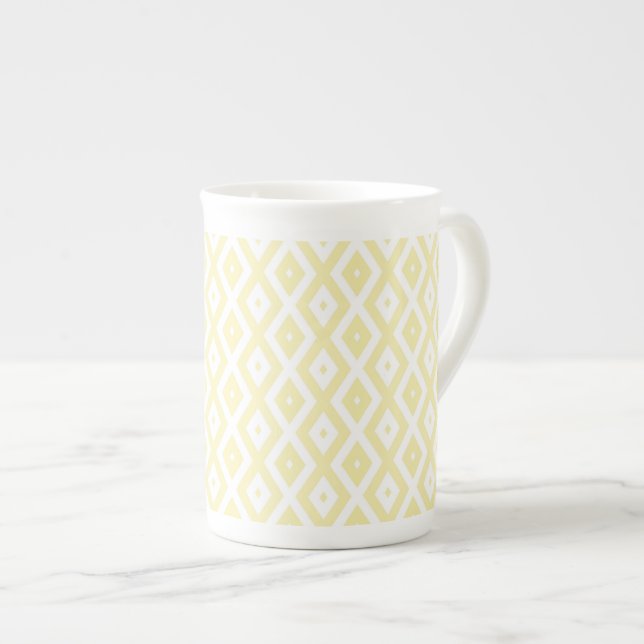 Pale yellow and white diamond pattern bone china mug (Front Right)