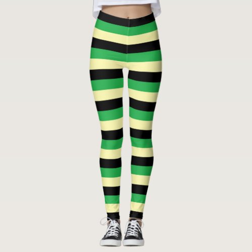 Pale Yellow Black and Green Stripes Leggings