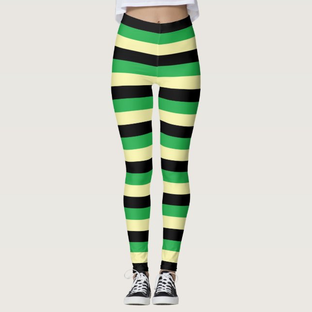 Pale Yellow, Black and Green Stripes Leggings (Front)