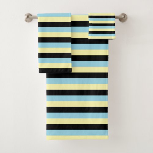 Pale Yellow Black and Pastel Blue Stripes Bath Towel Set