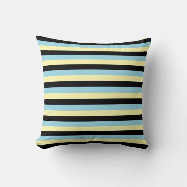 Pale Yellow, Black and Pastel Blue Stripes Throw Pillow (Front)
