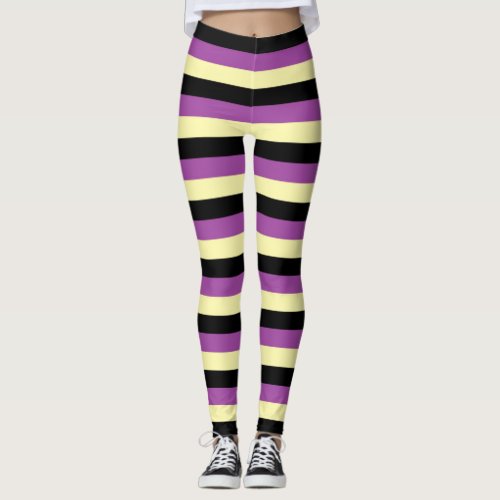 Pale Yellow Black and Purple Stripes Leggings