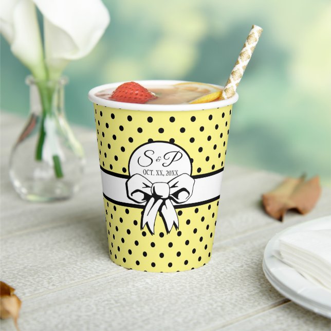 Pale Yellow Black Polka Dot White Bow Personalized Paper Cups (Insitu)