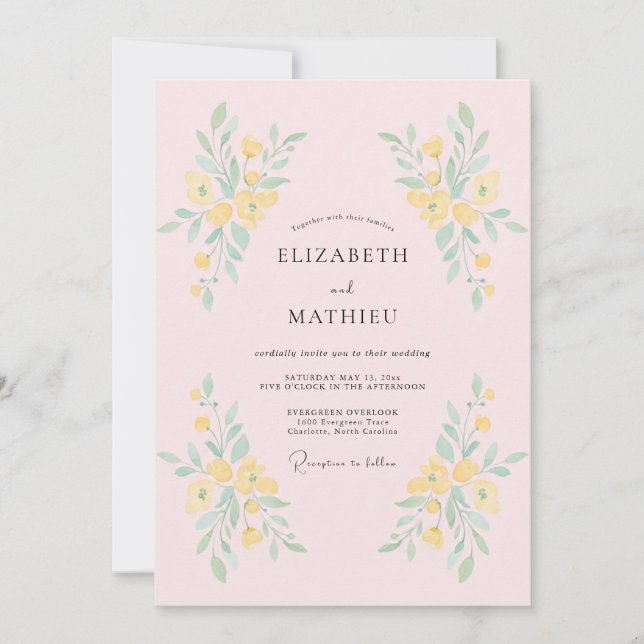 Pale Yellow Botanical Flourish Wedding Invitation (Front)