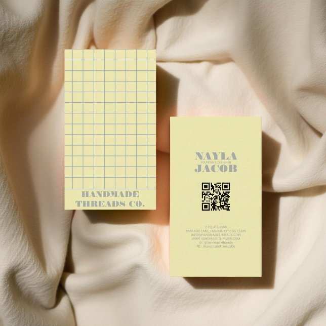 Pale Yellow Checkered Pattern QR Code Business Card (Creator Uploaded)